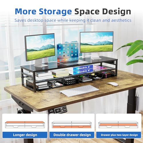 Dual Monitor Stand with USB Ports and Drawer Storage - Black
