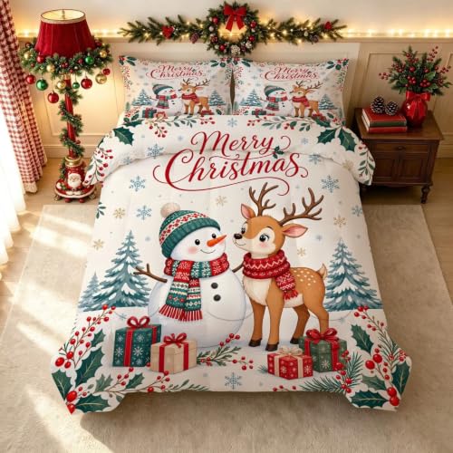 Christmas Reindeer Snowman Xmas Tree Queen Bedding Set FUYEUN 14