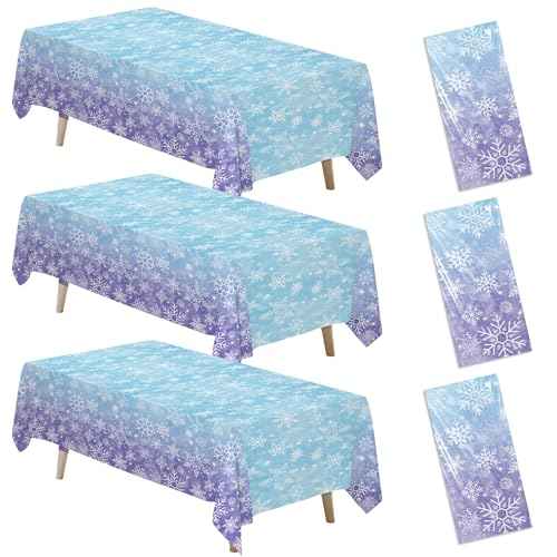 Winter Snowflake Party Tablecloth Decorations, 3 Pack Disposable Frozen Blue Purple Snowflake Wonderland Tablecover Supplies for Christmas, New Year, Baby Shower, Birthday, 86in x 55in