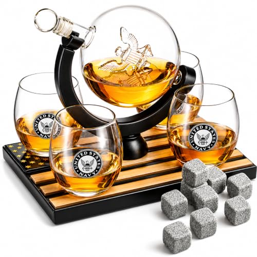 Navy Globe Whiskey Decanter Set with Glasses & Whiskey Stones - Veteran Gift