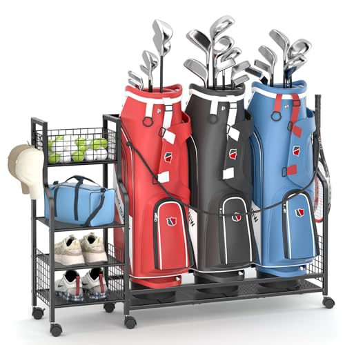 DAOUTIME Golf Bag Storage Rack for Garage – Holds 3 Bags, Wheels, Organizer for Clubs & Accessories