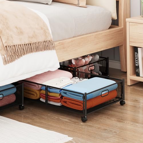 Gawerk Under Bed Storage Container with Wheels - Foldable Metal Mesh Bin for Clothes - Black - 2 Pack