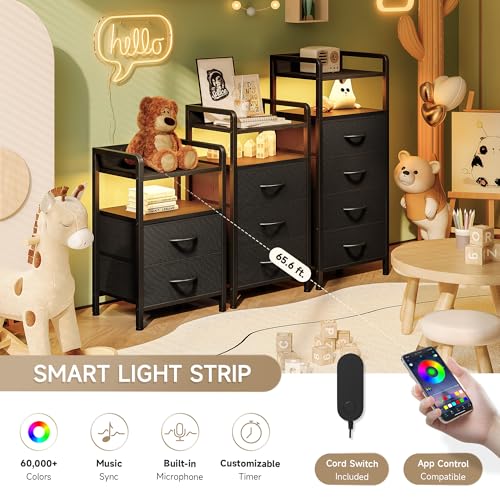 Lazzanto Black Nightstand with 3 Drawers, LED Light & Charging Station
