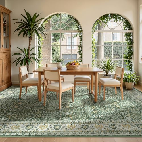 Sage Green 9x12 Washable Area Rug - Non-Slip Boho Living Room Carpet