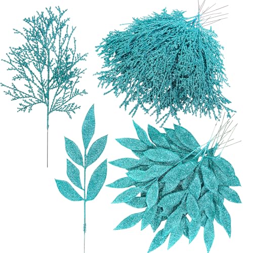 Winlyn Teal Blue Glittered Artificial Christmas Leaf Sprays - 30 Pcs Holiday Floral Decor