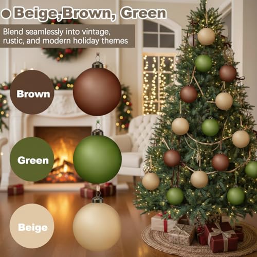 Soulchen 24-Pack 3.15 Inch Neutral Frosted Glass Christmas Ornaments - Beige, Light Brown, Green, Vintage Rustic Style
