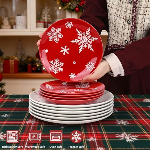 Ollieroo 4-Piece 7.8in Red Snowflake Christmas Salad Plates Set – Microwave & Dishwasher Safe