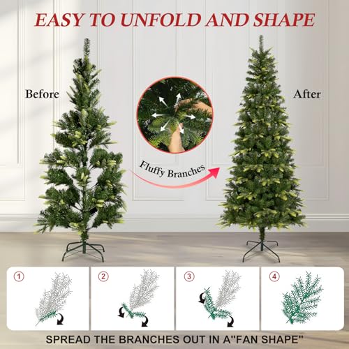 Uten 6ft Slim Pencil Christmas Tree with Mixed 600 Branch Tips - Foldable Stand, Easy Assembly, Holiday Decor