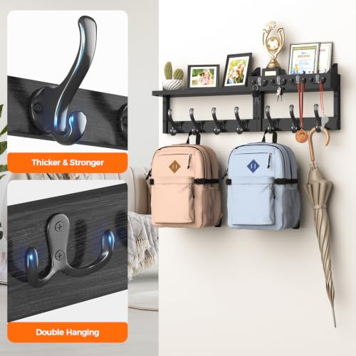 Black 29-Inch Wall Mount Coat Rack with Shelf & 11 Hooks - Entryway Organizer