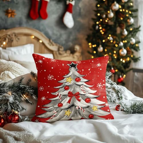 Christmas Tree Red & Black 18" x 18" Throw Pillow Covers Set of 4 – Santa Merry Xmas Decor