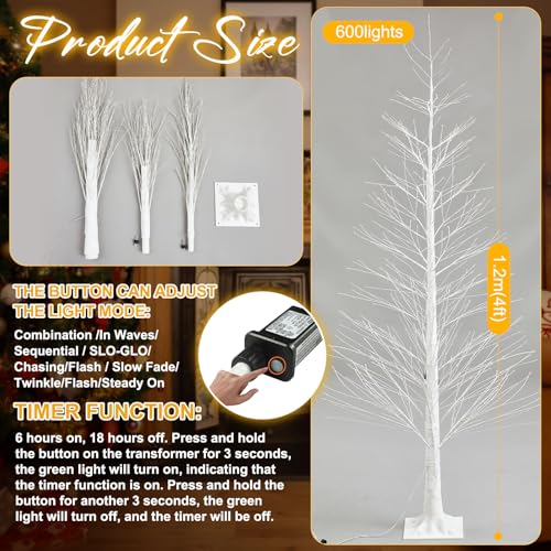 Rossesay 4ft 600LED Christmas Birch Tree Lights Outdoor Indoor Twinkle Tree with 8 Modes