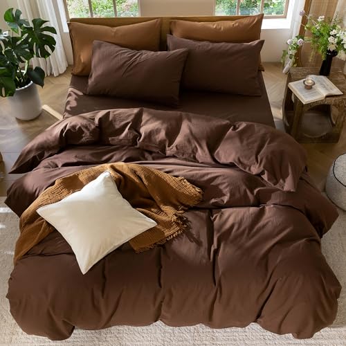 MooMee Duvet Cover Set Queen - 100% Washed Cotton Linen Look Cocoa Brown Variation