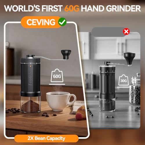 CEVING Large Capacity 60g Manual Coffee Grinder with Steel Burr - Black, Mega Pro Version