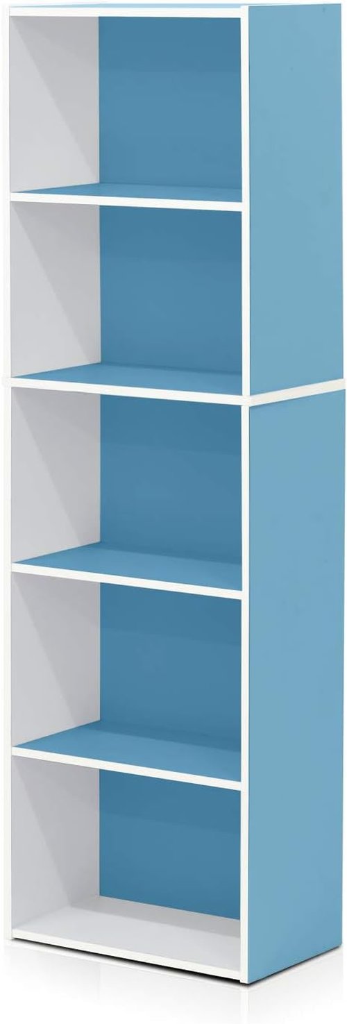 Furinno LUDER 5-Tier Bookshelf - Open Shelves for Easy Assembly | White/Light Blue, 9.4 x 15.8 x 52