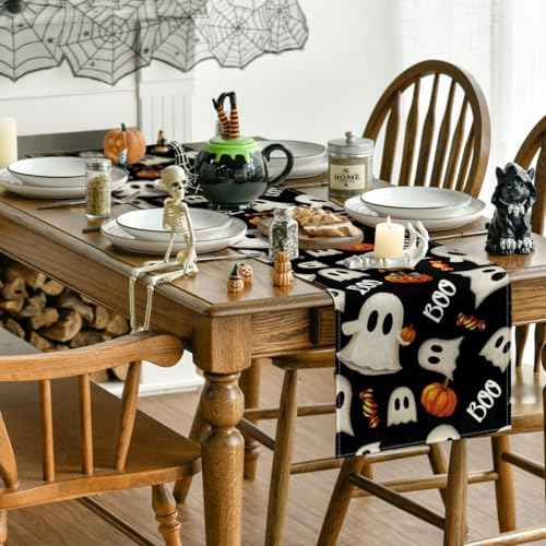 Artoid Mode Ghost Pumpkin Camdy 210 GSM Halloween Table Runner,Seasonal Fall Kitchen Dining Table Decoration for Home Party Decor 13x36 Inch