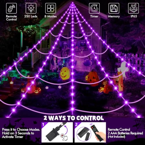 OCATO 200in Halloween Spider Web Lights with 59in Fake Spider, Purple Outdoor Decor