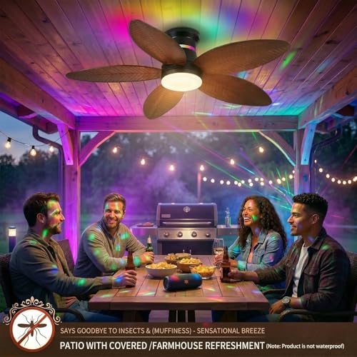 BYKISTOK 46in Tropical Palm Leaf Ceiling Fan with Lights & Remote - Reversible, Dimmable LED, RGB Side Light, Brown Flush Mount