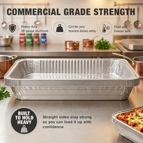 Full Size Deep Steam Aluminum Foil Pan with Lids - 21x13x3 Inches, 10 Pack