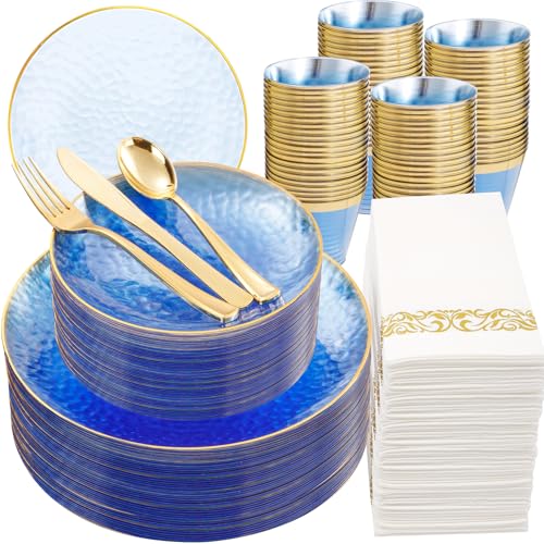 DaYammi 350pcs Clear Blue Plastic Dinnerware Set for 50 Guests - Includes Plates, Utensils, Cups & Napkins