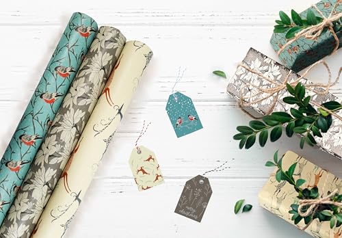 K-Kraft Premium Christmas Wrapping Paper Set with Snow Birds, Deer & Ice Flowers on Brown Kraft – 30" x 15' Rolls (112.5 sq ft) + 24 Foil-Stamped Tags