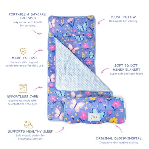 Kids Nap Mat with Pillow & Blanket - Purple Butterfly Toddler Sleep Set