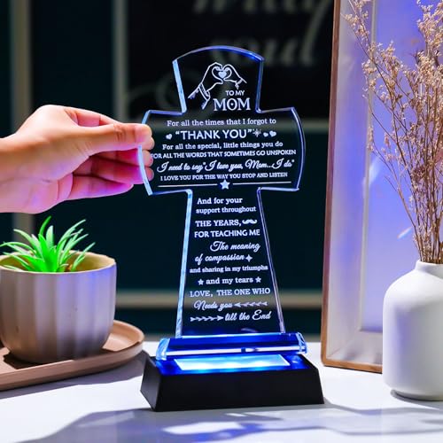Movdyka Mom Cross Light Gift - Religious Glass Keepsake with Colorful LED Base