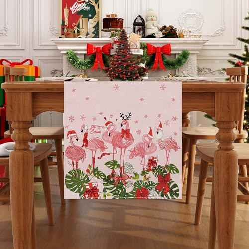 Linen Pink Hawaiian Tropical Flamingo Christmas Table Runner 72 Inches Long Hawaii Beach Christmas Xmas Winter Holiday Home Kitchen Table Decorations