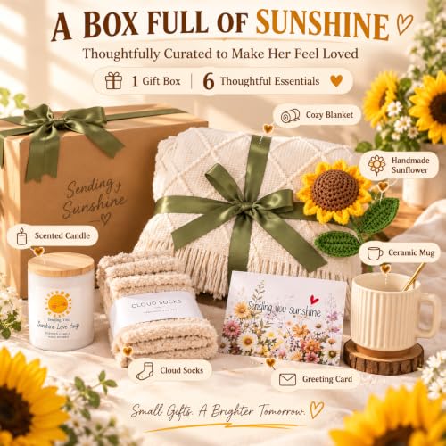 Sunflower Gift Basket for Women - Self Care Set with Blanket, Socks & Mug