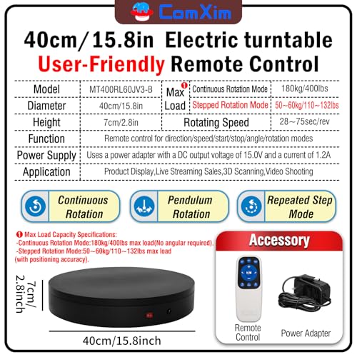 15.8 Inch Black Motorized Turntable Display Stand 400Lbs Load Remote Control