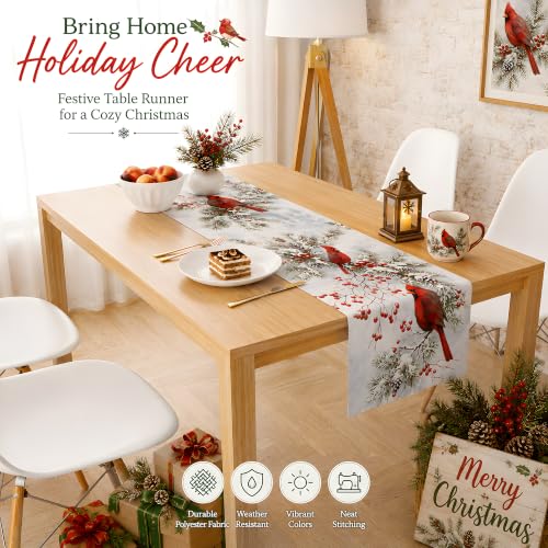 Christmas Decorations - Red Cardinal Bird Winter Pine Branches Table Runner (OHOME) Christmas Cardinal Bird