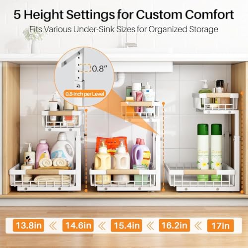 PXRACK Large White 2-Pack Under Sink Organizer - Adjustable 2-Tier Pull-Out Cabinet Storage for Kitchen & Bathroom