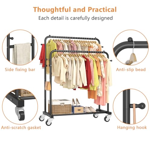 Black Double Rod Garment Rack with Wheels & Hooks, Multi-Functional Clothes Organizer
