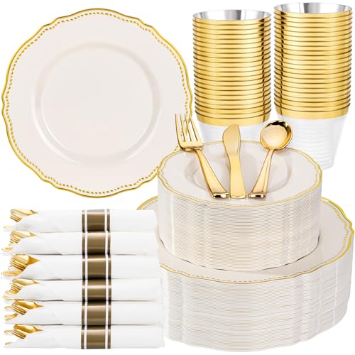 Hioasis Ivory Gold Disposable Plastic Plates Set for Wedding & Party – 350 pcs, 50 Guests, 10-inch & 7-inch Dinner & Dessert Plates