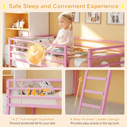 Lutown-Teen 43 Inch Pink Metal Twin XL Loft Bed with Stairs & Guardrail