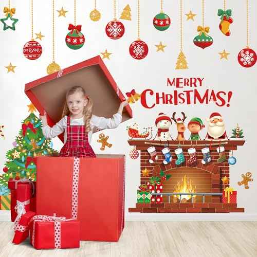 Christmas Wall Decals Christmas Tree Wall Stickers Xmas Ball Fireplace Decals Stickers Removable Merry Christmas Wall Decorations for Xmas Party Bedroom Living Room Office Home Decor, 4 Sheets