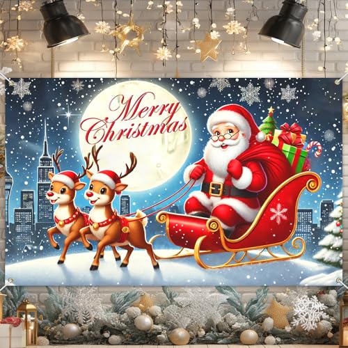 Merry Christmas Banner Santa Sleigh Decorations 71 x 43 in