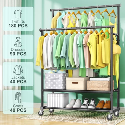 Heavy Duty Double Rod Clothes Rack with Wheels - Black, 65-Inch Garment Organizer with Shelves
