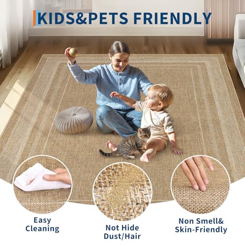 Washable 5x7 Solid Jute-Style Rug for Bedroom & Living Room Bordered Variation
