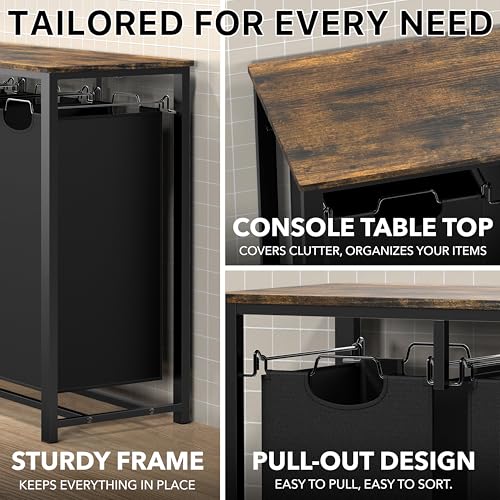 Laundry Sorter with Tabletop Shelf - 3-Section Fabric Hampers, Rustic Brown