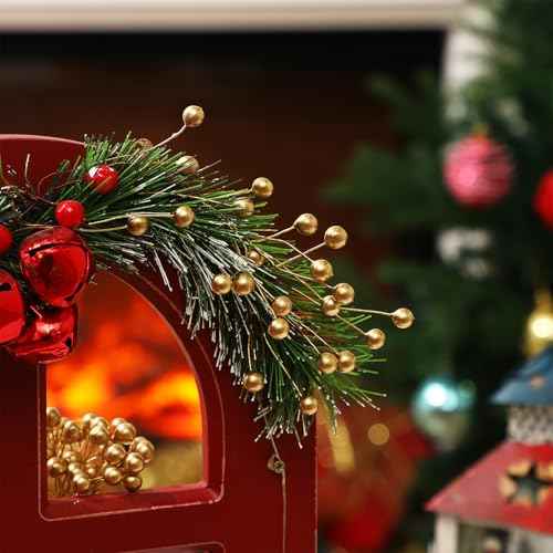 BBTO 200 Pack Artificial Holly Christmas Berries on 100 Wire Stems 8 mm Fake Berries for Christmas Tree Decorations Wreath Craft Wedding Party Favor (Gold)