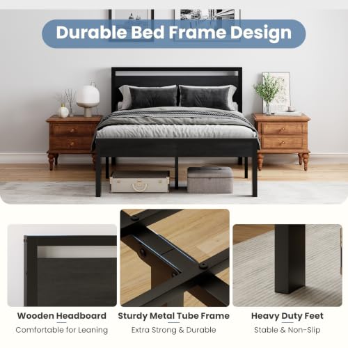 Queen Metal Bed Frame with Wooden Headboard - Black Platform Bed, Heavy Duty Support