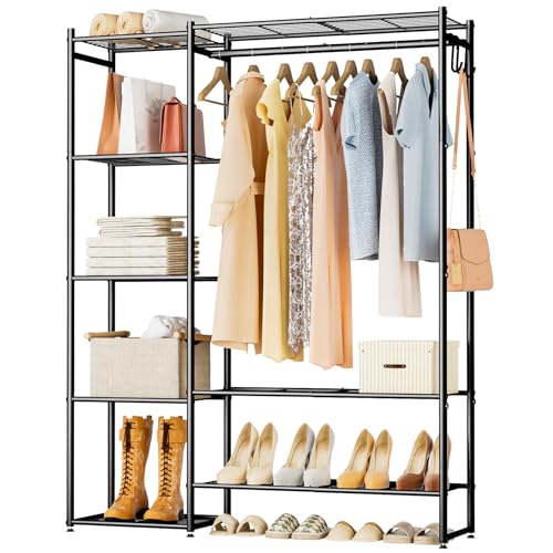 Black Medium Metal Closet Wardrobe with Storage Shelves & Hanging Rod