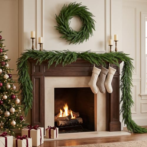 9FT Norfolk Pine Christmas Garland - Faux Greenery for Mantle & Holiday Decor - Green