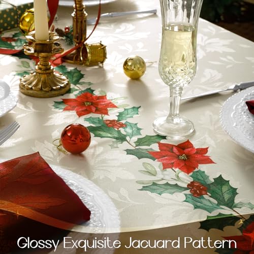 Romanstile Christmas Red Poinsettia Jacquard Rectangle Tablecloth 60x120 Inch Holiday Decor