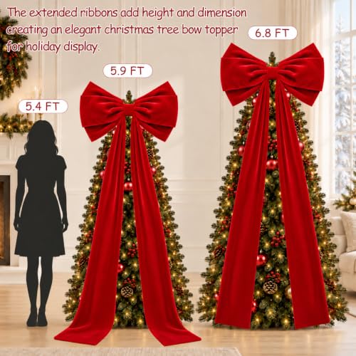 RINOLY Red Velvet Christmas Tree Topper Bow - Large 27.6 x 78.7 Inches