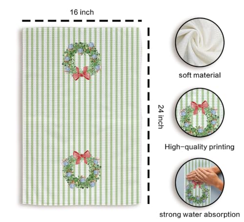 Tzhim Green Wreath Christmas Kitchen Towels 16x24in Hand Dishcloth Holiday Decor