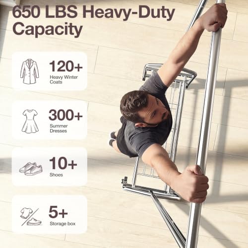 Heavy Duty Clothes Rack Extra Large Silver Load 650 LBS with 2 Shelves & Wheels