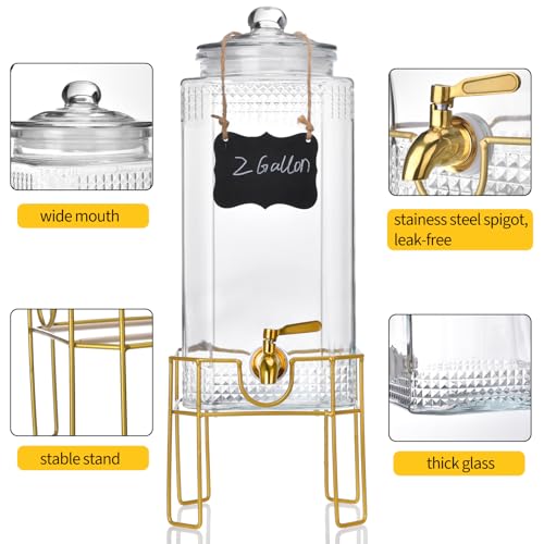 FUREEY 2 Gallon Beverage Dispenser with Stand, Glass Lid & Stainless Steel Spigot