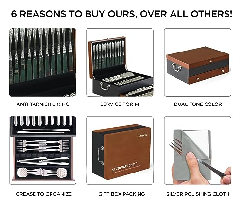 Silverware Storage Box with Lid and Polishing Cloth – Flatware Organizer for 14 Place Settings