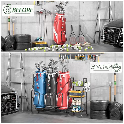 DAOUTIME Golf Bag Storage Rack for Garage – Holds 3 Bags, Wheels, Organizer for Clubs & Accessories